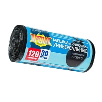 Мешки для мусора 120 л, с ушками, черные, в рулоне 30 шт., ПНД, 15 мкм, 1100х700 мм, Крепак, 4607075710375 в Нижнем Новгороде